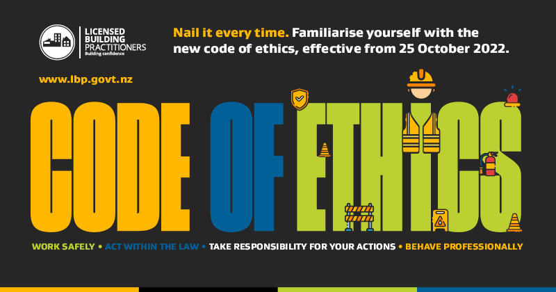 LBP logo and text: Code of ethics. Nail it every time. familiarise yourself with the new code of ethics, effective from 25 October 2022. Work safely, act within the law, take responsibility for your actions, behave professionally.