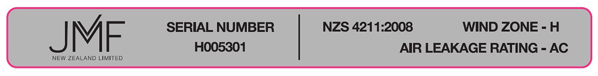 Example NZS4211:2008 compliant timber joinery tag