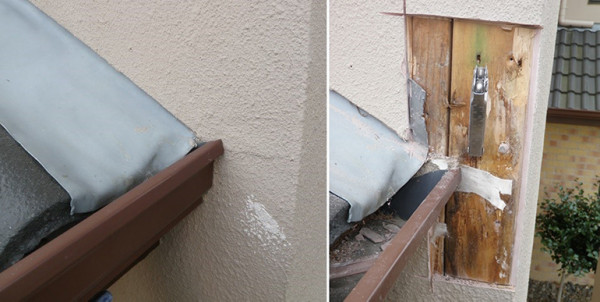 Photograph: No kick-out or diverter provision at the bottom end of the apron junction to a fibre-cement cladding. Destructive testing confirms water ingress and timber damage.