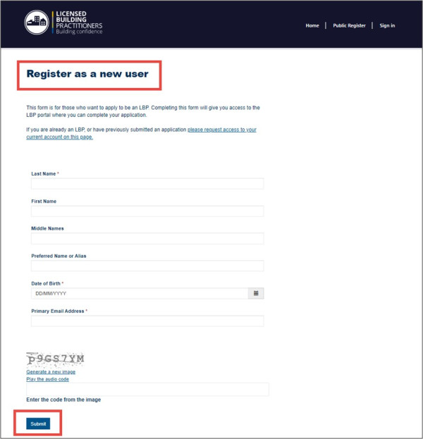Registering as a new user screen shot