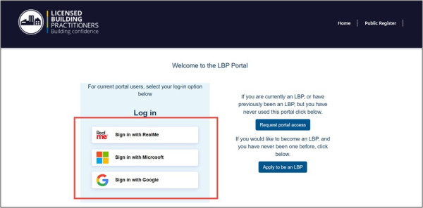Logging into the LBP portal screen shot