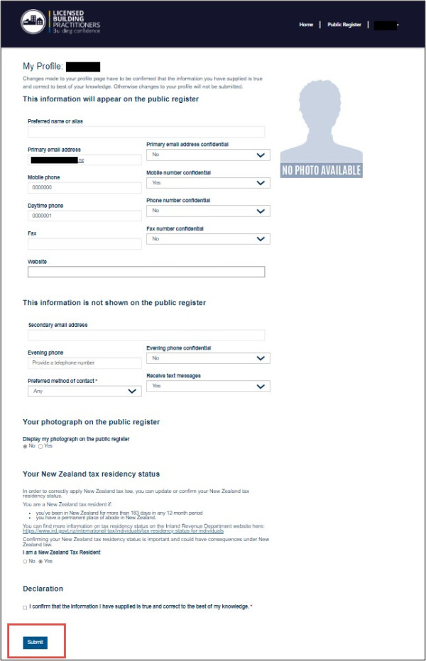 Updating your personal details and contact information screen shot