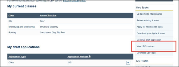 Viewing LBP invoices screen shot