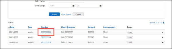 Viewing LBP invoices screen shot